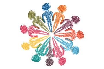 Personnages multicolores très simplifiés qui forment un cercle, on dirait qu'ils se tiennent les mains